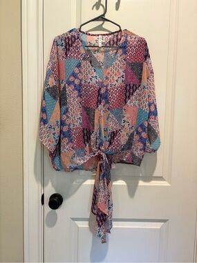 mts Patchwork Tie-Front Sheer Blouse in Blue, Pink and Peach small
